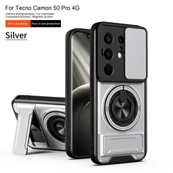 Shockproof Phone Case with Sliding Camera Cap and Built - in Kickstand Magnet Ring for Tecno Camon 50 Pro 4G (SJZJ silver)