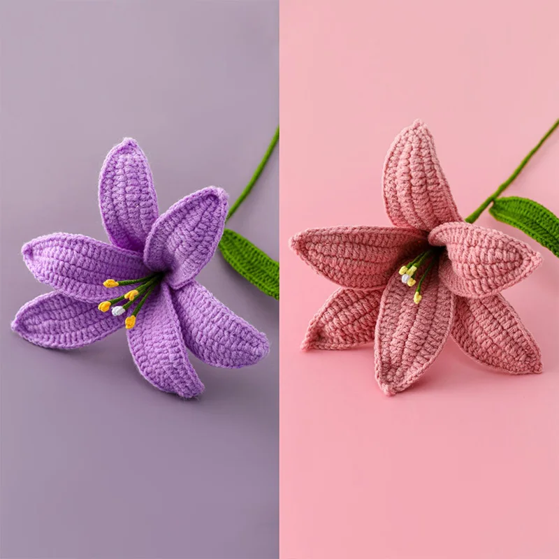 Artificial Flowers Wool Crochet Lily Flower Branch Hand-Knitted Flower Bouquet Hand Woven Party Knitted Flowers for Home Wedding