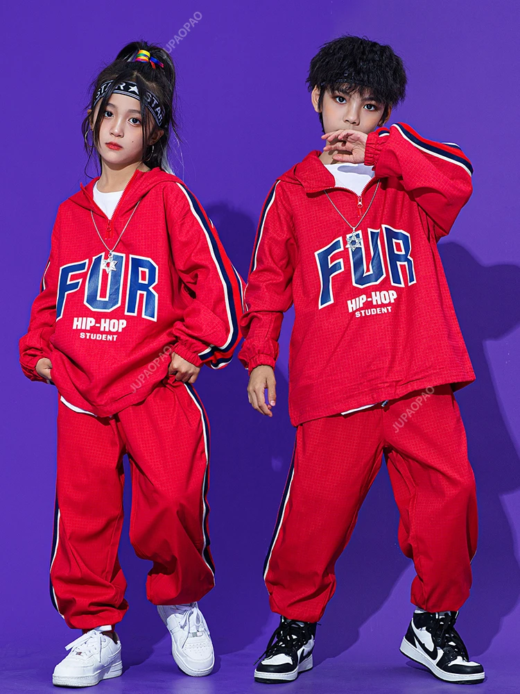 

Fashion Kids Hooded Sweater Pants Girls Hip Hop Clothes Red Long Sleeves Boys Street Dance Concert Festival Stage Costume