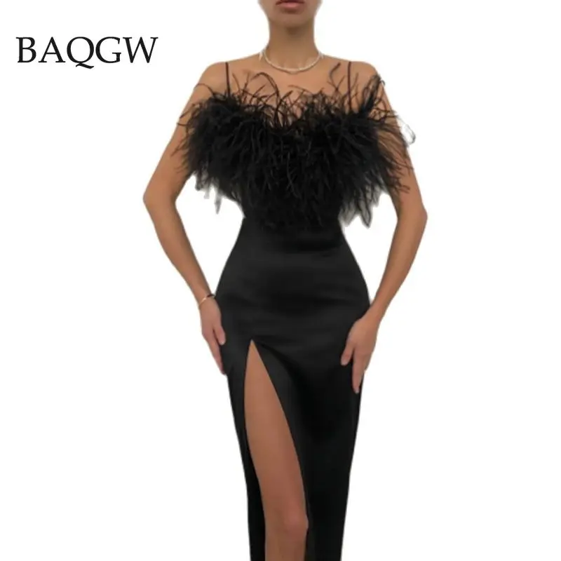 

Женское лоскутное вечернее длинное платье с перьями, летние облегающие сексуальные платья без рукавов с высоким разрезом для женщин, вечерние наряды из искусственной кожи