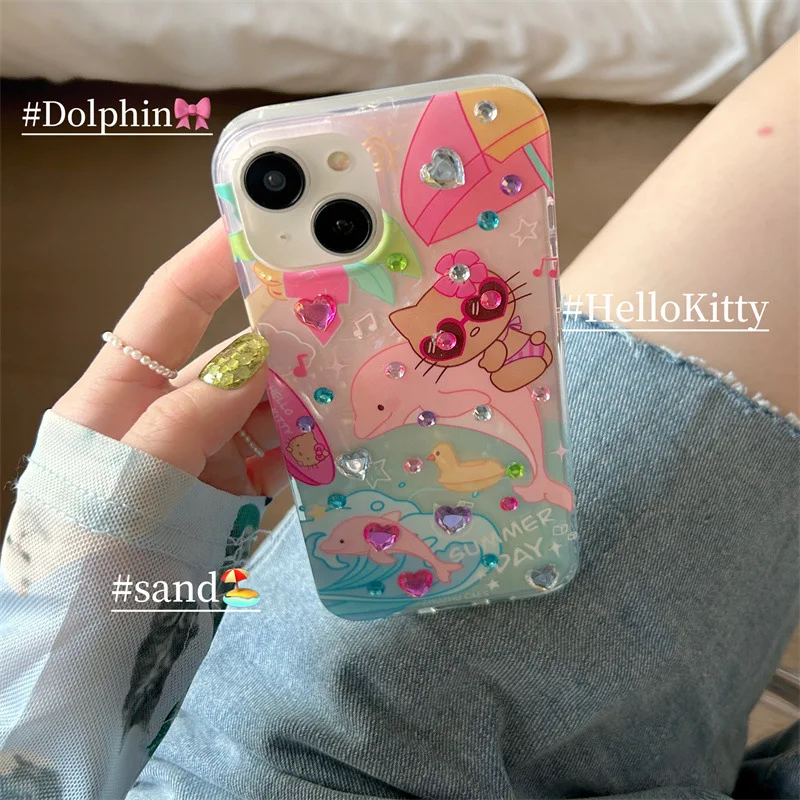 Iphone Case Hello Kitty Sanrio Sunglasses Pink dolphin rhinestone Phone Case For iPhone 15 14 13 12 11 Pro Max case cute cartoon Sweet Cover