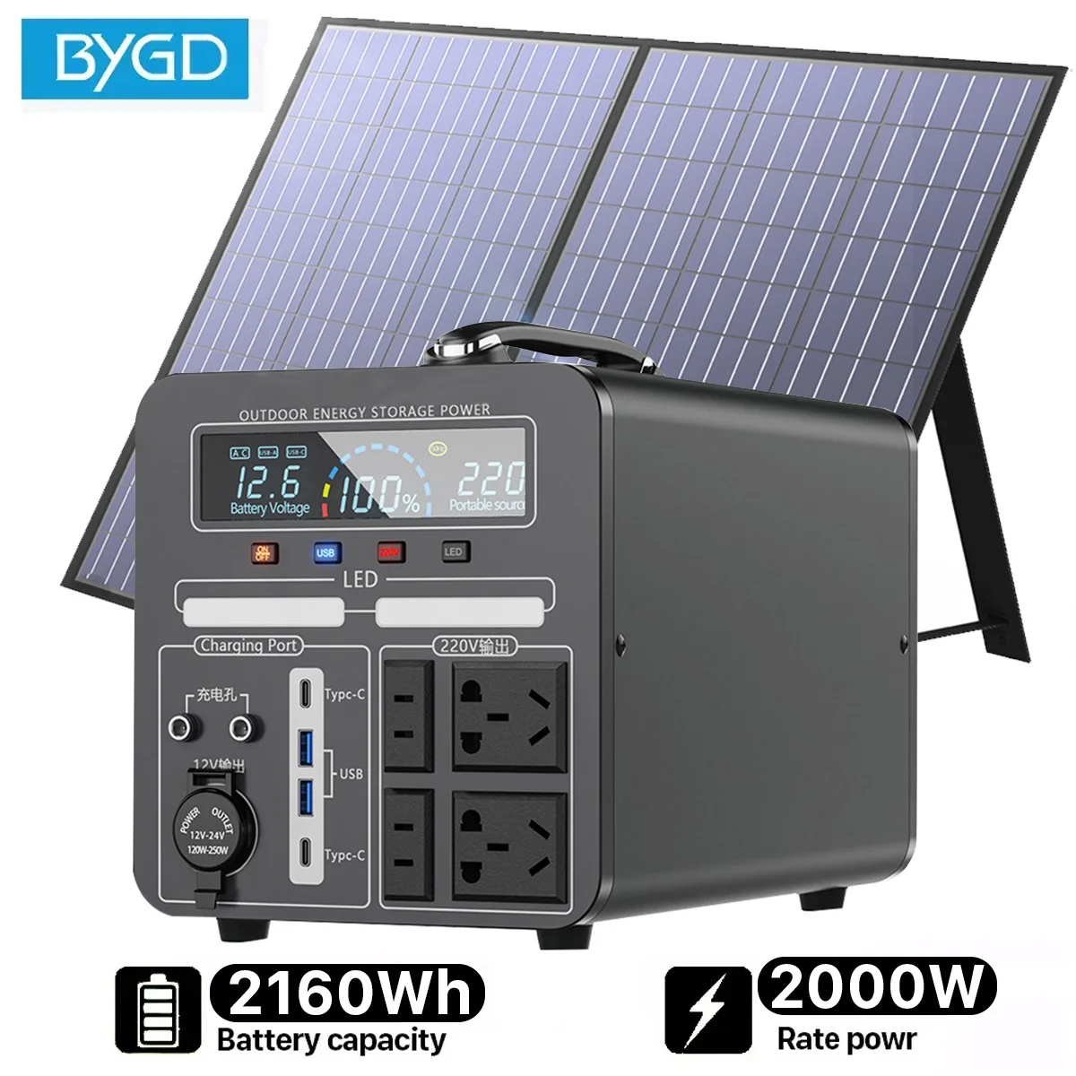 BYGD Portable Power Station 2000W Solar Electric Generator Fast
