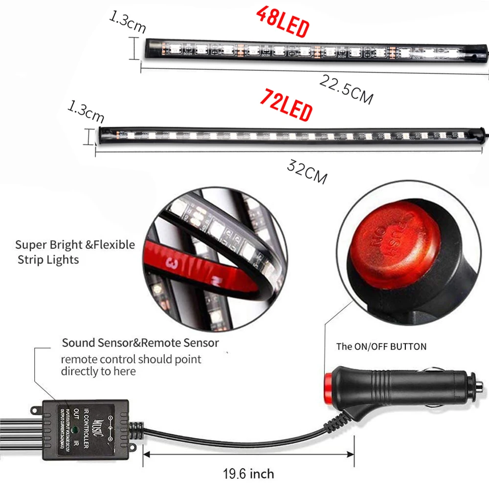 Wireless Adhesive LED Car Interior Ambient Light Remote Control Decoration  Auto Foot with Colorful Atmosphere Battery Lamp Roof I4L4