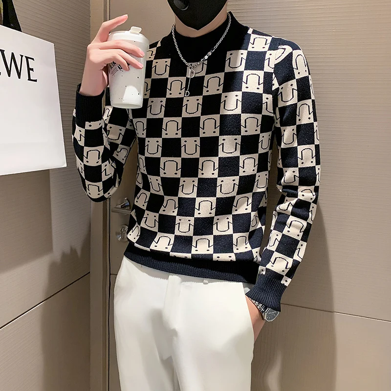2022 Letter Jacquard Half Turtleneck Sweater Men Fashion Slim Long Sleeve  Knitted Pullovers Casual Business Social Knitwear Tops - AliExpress
