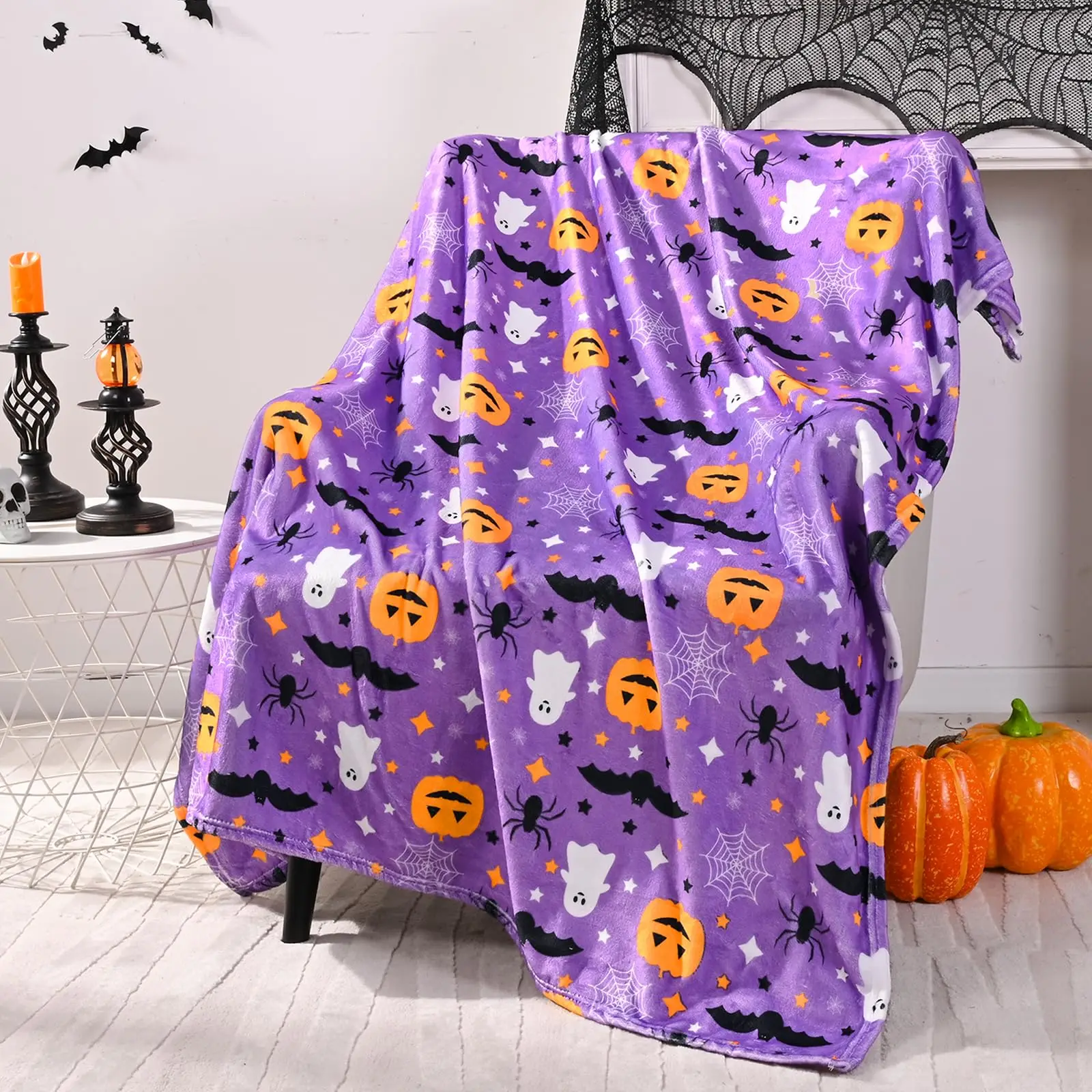 HalloweenThrowBlanketCutePurpleCartoonPumpkinGhostPrinted