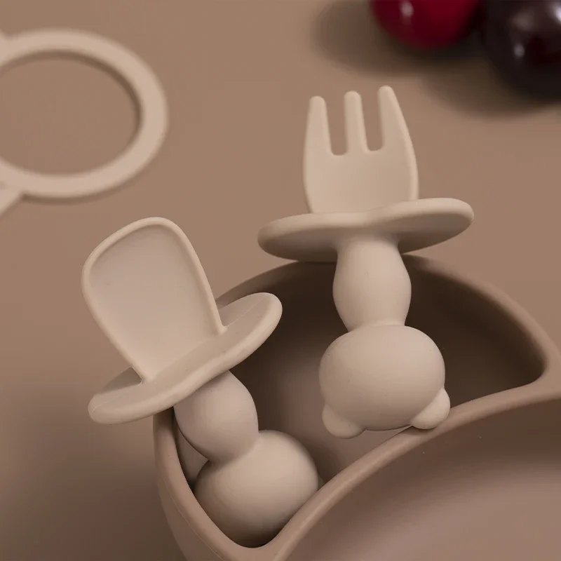 Silicone Cutlery Set Fork Spoon Set Baby Cutlery Food Grade Infant Soft Silicone Feeding Tableware For Toddler Kids Cartoon Panda Mini Training Fork Spoon Set Baby Accessories