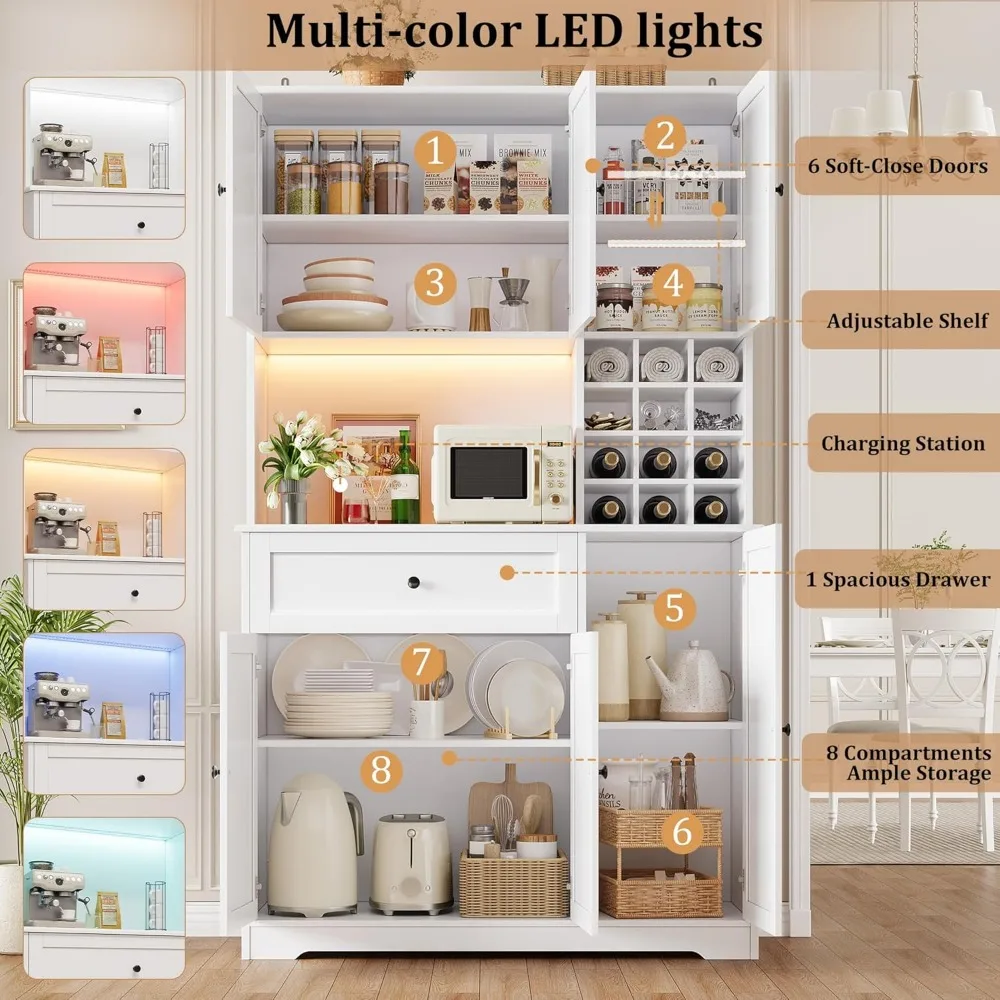 Pantry Cabinet with Charging Station and LED Lights, 71" Tall Kitchen Pantry Cabinet with Microwave Stand,Kitchen Hutch Cabinet 6