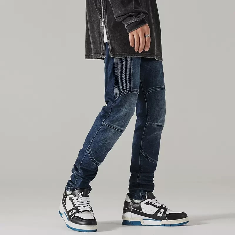 High Street Fashion Men Jeans Retro Blue Spliced Designer Elastic Slim Fit Biker Jeans Men Wrinkle Patched Hip Hop Pants Hombre