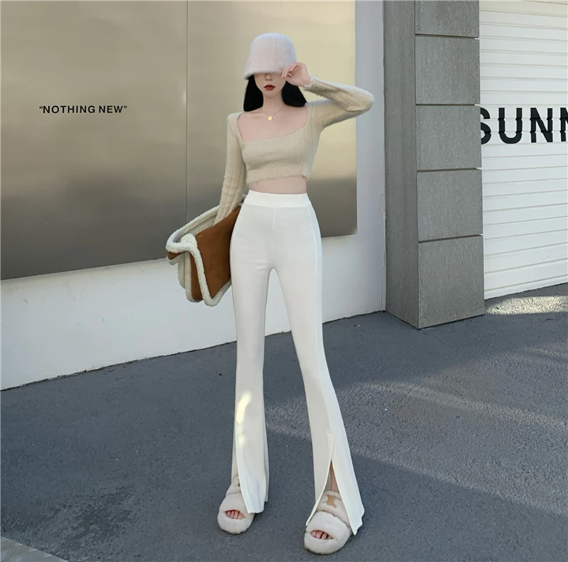 New Year Bell Bottom Stretch Leggings Women Green Chic Flare Pants Korea Fashion Boots Cut Streetwear Spring Office Trousers