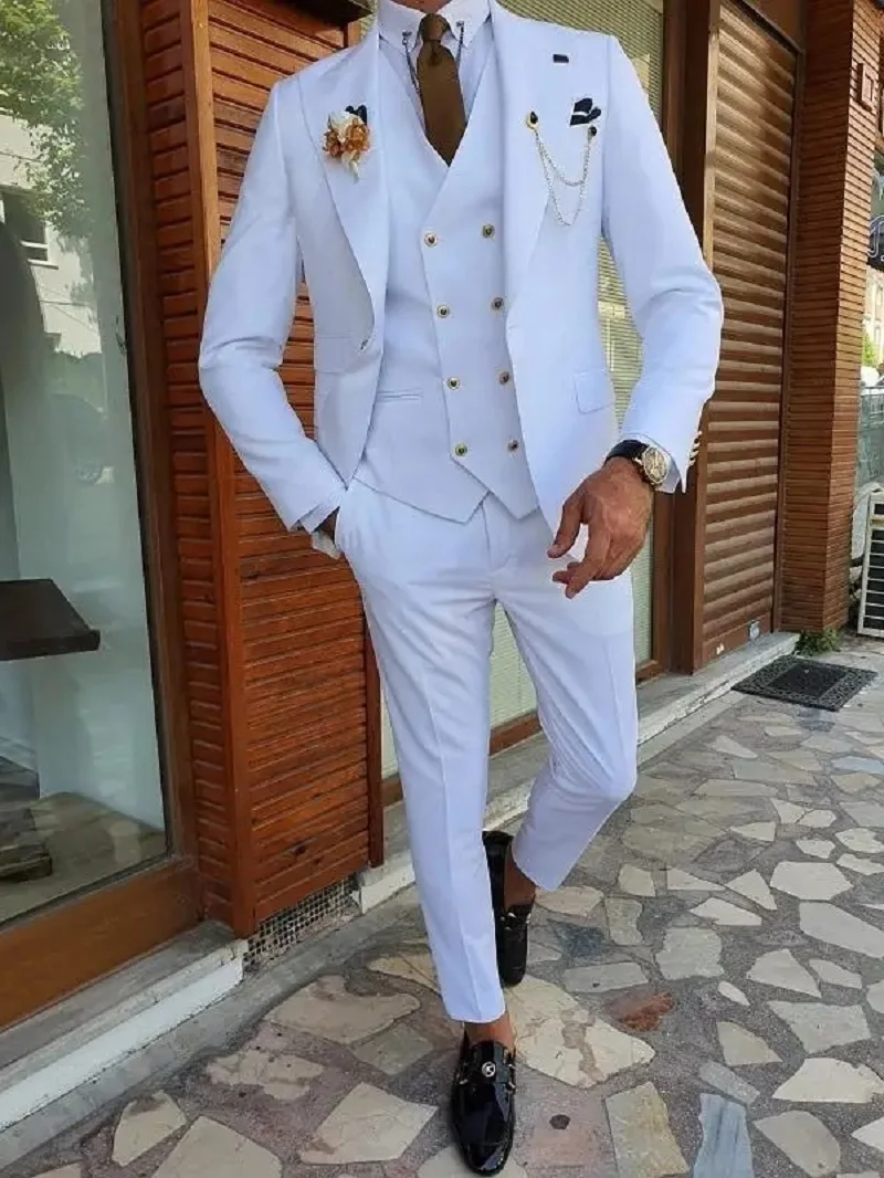 Men Suit Slim Fit (Jacket+Pants+Vest) Handsome White 3 Piece Groom Tuxedos For Wedding Formal Prom Suit Party Evening Terno