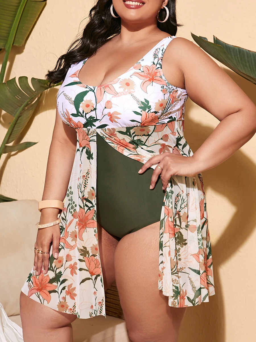 Large Size Plant Print Ruffle Hem One Piece Swimsuit Female Bathers Bathing Swimming Suit Summer Beachwear one piece swimsuit women swimsuit