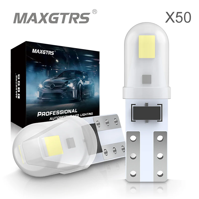 50 шт./лот T5 3014 Светодиодная лампа для автомобиля, световой индикатор, светильник пы для чтения, рассесветильник, белый/красный/синий/зеленый/желтый, 12 В/24 В