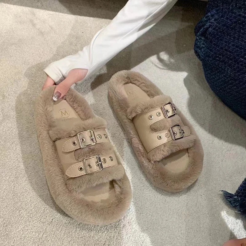 

Winter Women Home Indoor Outdoors Casual Fuzzy Slippers Females Slip On Fluffy Shoes Real Wool Slides Ladies Soft Plush Slippers