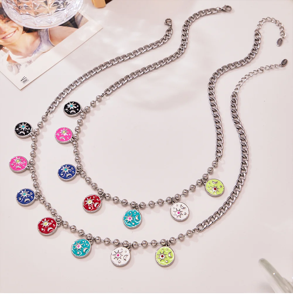 Edelstahl Perlen Kette Halskette Halsband Für Frauen Bunte Emaille Sterne Mond Anhänger Halskette Femme Wasserdicht Schmuck – Detail 7