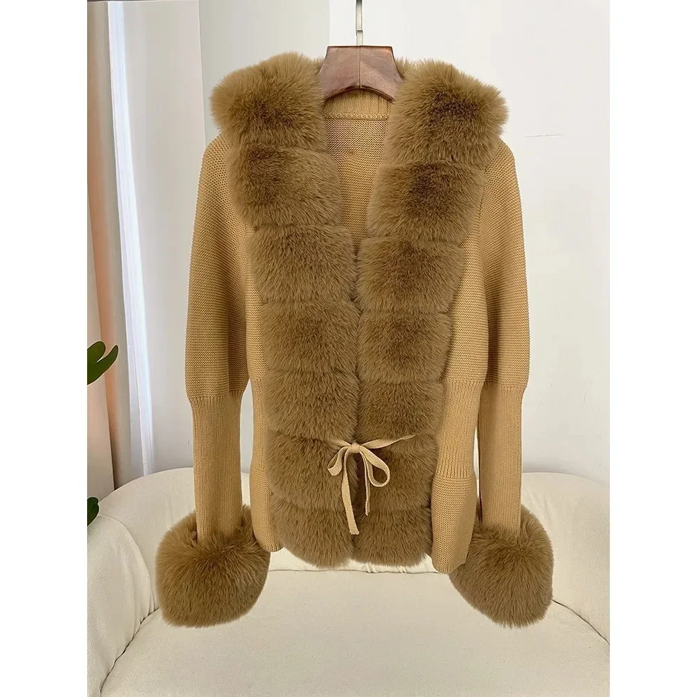 Autumn/Winter 2024 Women's Fur Coat Luxury Patchwork Knitted Sweater Bandage Fur Cardigan Detachable Collar Jacket Faux Fur Coat 4