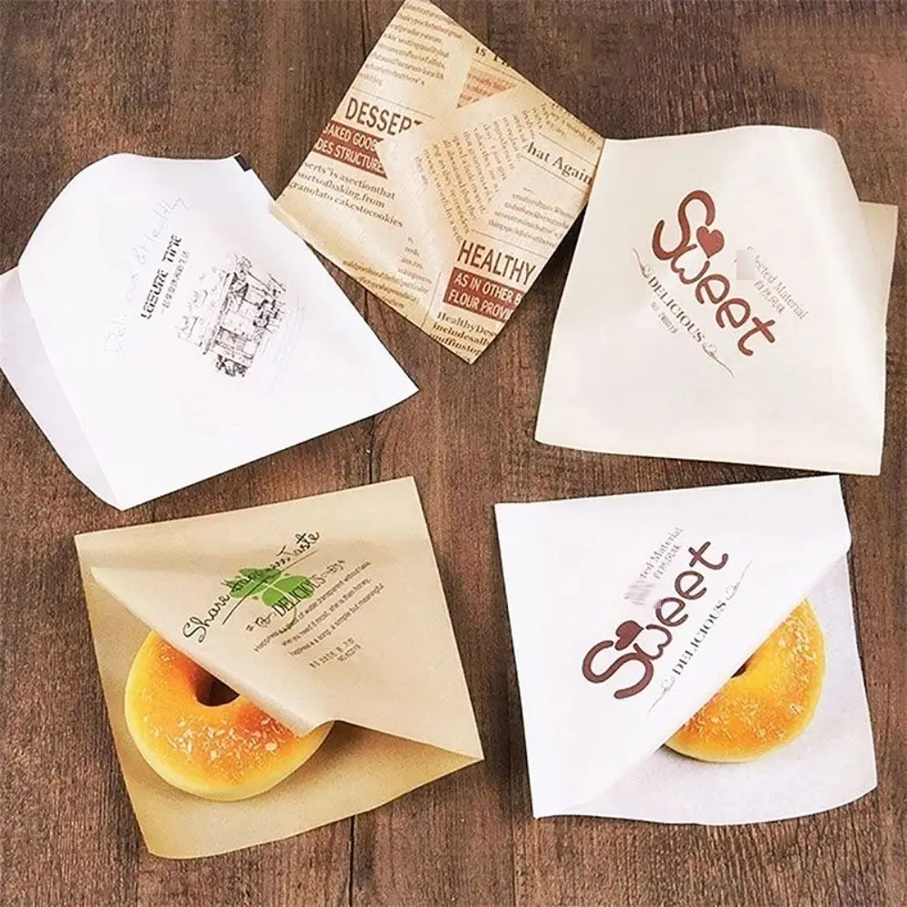 100Pcs Oilproof Triangular Open Kraft Paper Waterproof Square Sandwich Wrappers Printed 15x15cm Disposable Hamburger Pouch
