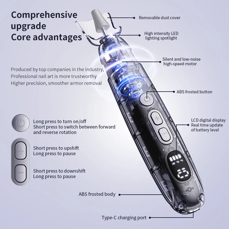 Professional Manicure Pedicure Kit Electric Nail File Set Cordless Nail Drill Machine 10 Speed Nail Tool for Grind Trim Polish