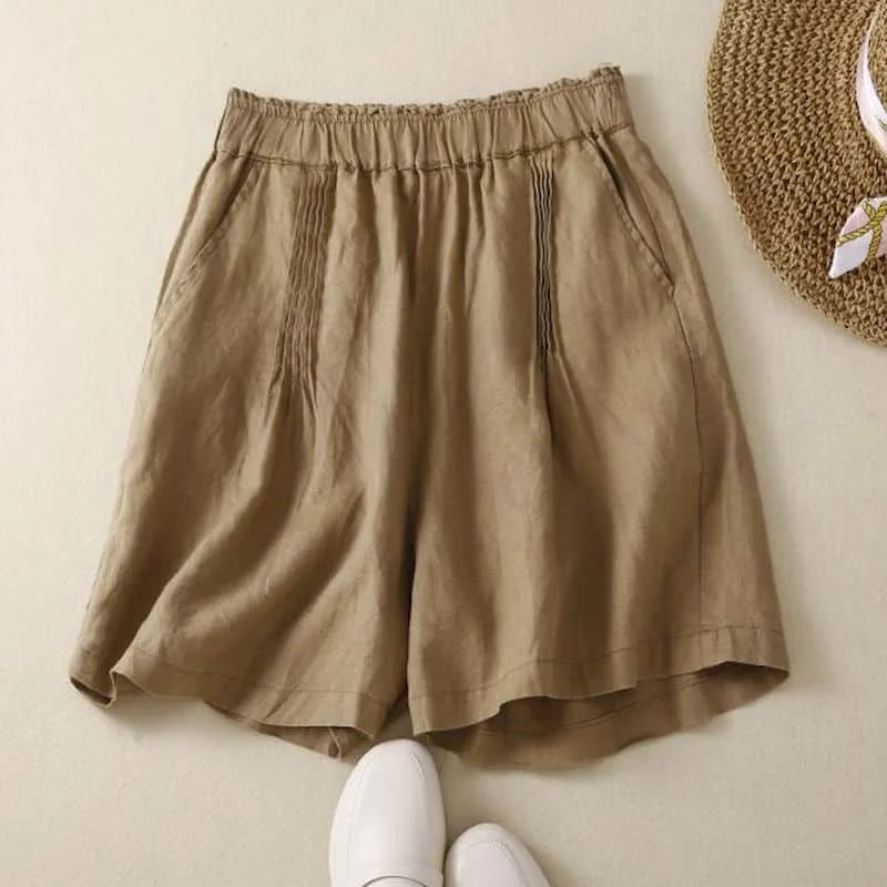 

Cotton Linen Shorts Women Casual Crimped Solid Vintage Short Pants Women Clothing Summer Elastic Waisted Pockets A-line Shorts