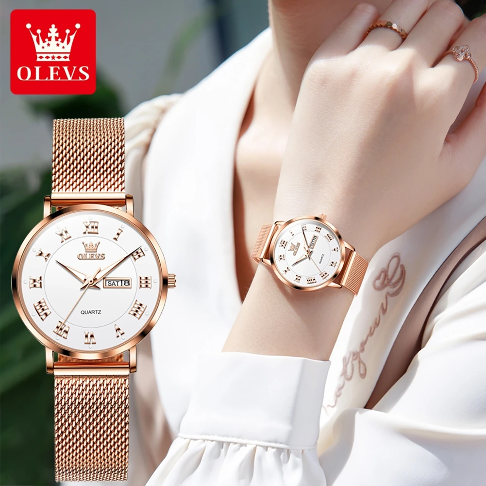 Fashion Ladies Watches Roman Dial 30M Water Resistance Calendar Milanese Steel Band Luxury Brand Quartz Wrist Watch for Women