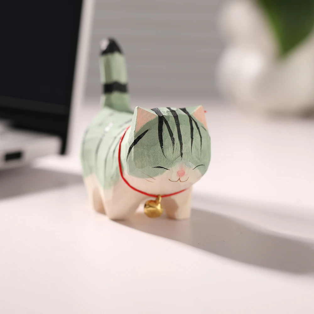 تمثال قطة خشبي منحوت يدويًا - ديكور قطط لطيف للمنز...