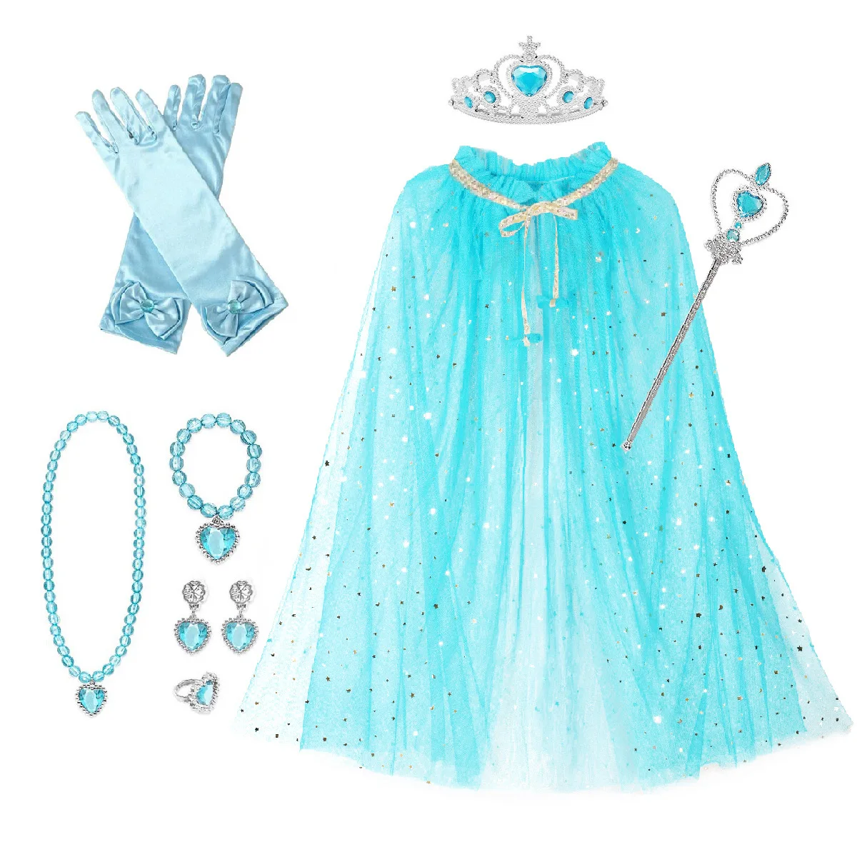 Girl Princess Accessory 7pcs Cloak+Gloves+Necklace Set Sequins Cape Baby Girl Birthday Party Aurora Belle Cosplay School Show