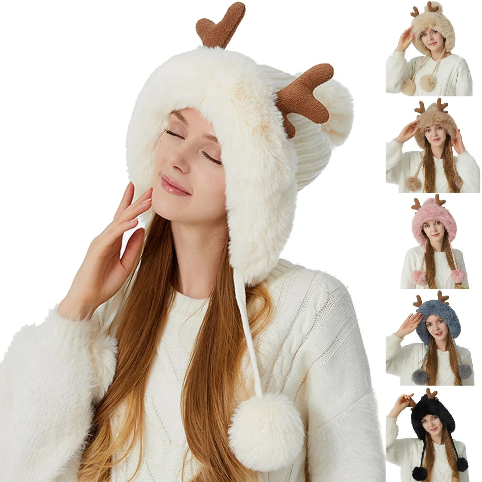 

2022 Christmas Deer Horn Knitted Hat Women Winter Outdoor Skiing Cold Proof h Ear Protection Mens Trapper Hat with Ear