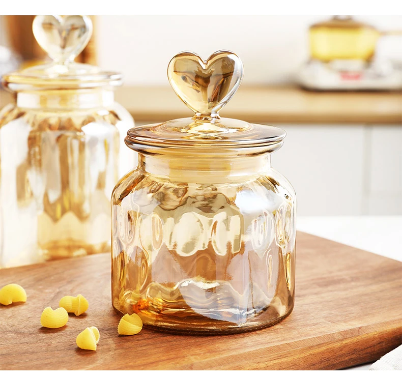 HomeyHoney Clear Glass Canisters with a Cute Heart shaped Handle Lid,  Decorative Weddings Candy Buffet Display Elegant Storage. 45 oz