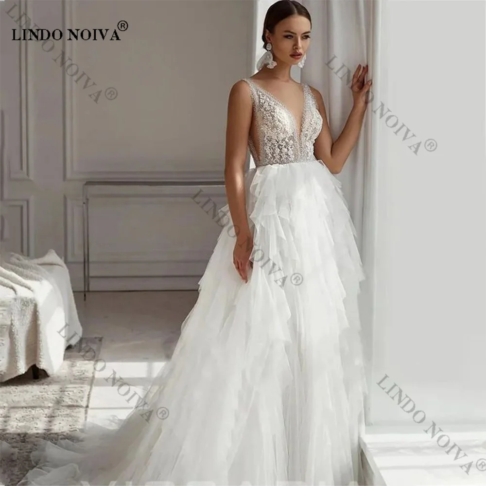 

LINDO NOIVA Роскошные свадебные платья с V-образным вырезом для женщин Невеста 2024 съемные рукава Vestidos De Noiva цвета слоновой кости тюлевые Длинные платья для невесты