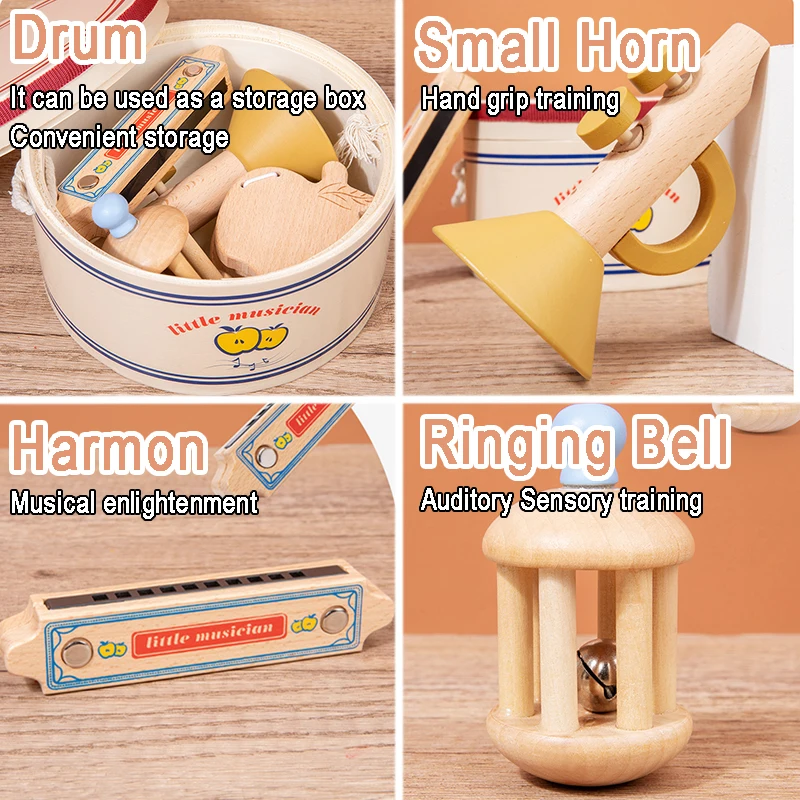 Kids Wooden Music instruments Set Toys Montessori Sensory Toys Sand Drum Hammer Instrument Percussion Preschool Educational Toys 4