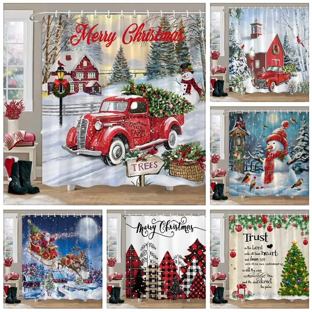 Winter Christmas Shower Curtain Red Truck Snowman Reindeer Snowy Farmhouse Bath Curtain Washable Polyester Fabric Bathroom Decor shower curtains