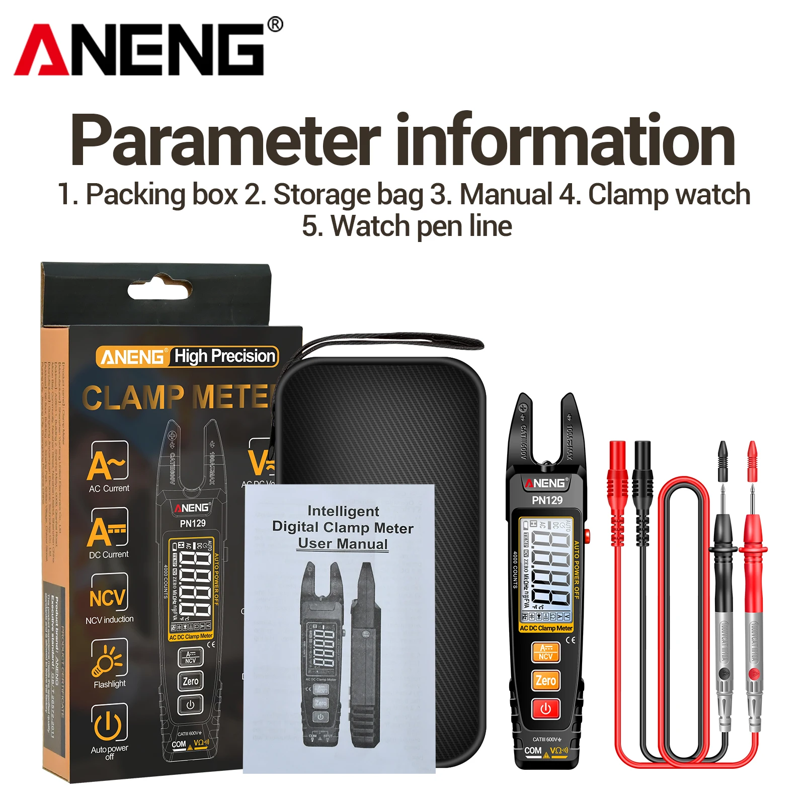 ANENG PN129 지능형 클램프 미터 멀티미터 600V 100A 전압 전류 저항 테스터 백라이트 디스플레이 자동 전원 차단 기능