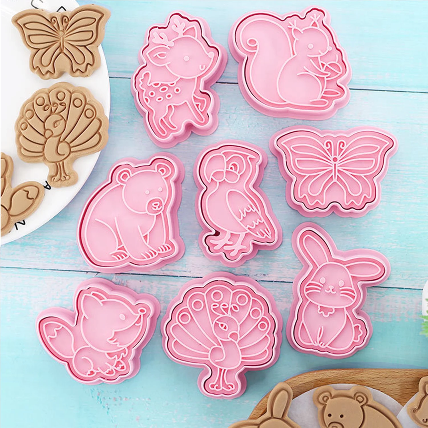 Cookie Cutters Animal 8 Pattern Plastic Cartoon Pressable Biscuit Mold Confectionery Cookie Stamp Kitchen Baking Pastry Tools