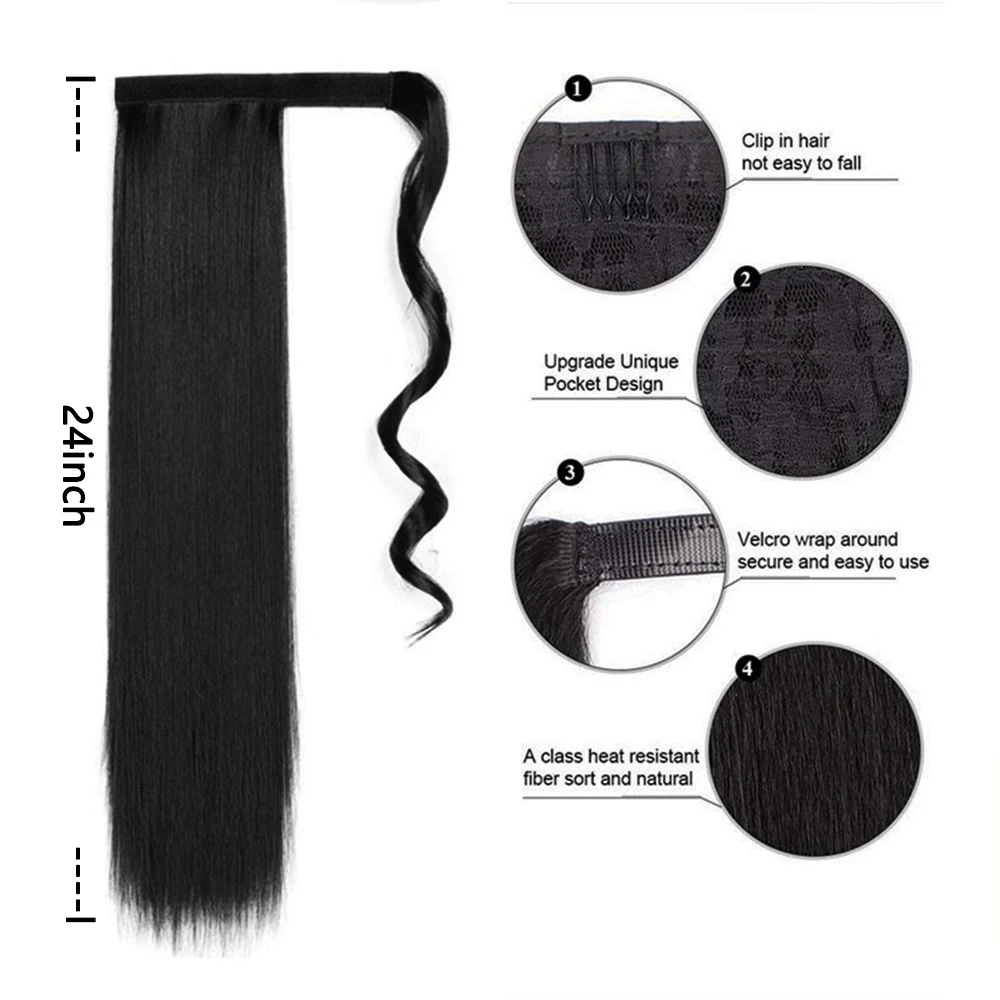 Ponytail Extension Long Straight Wrap Around Clip in Fake Hair Extensions Synthetic Pony Tails Hairpieces for Women Girls Daily Party