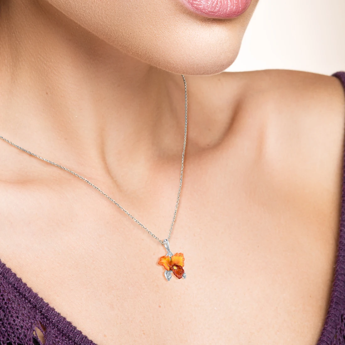 SANTUZZA Pure 925 Sterling Silver Pendant For Women Sparkling Orange Orchid Flower Trendy Party Gifts Fine Jewelry Enamel