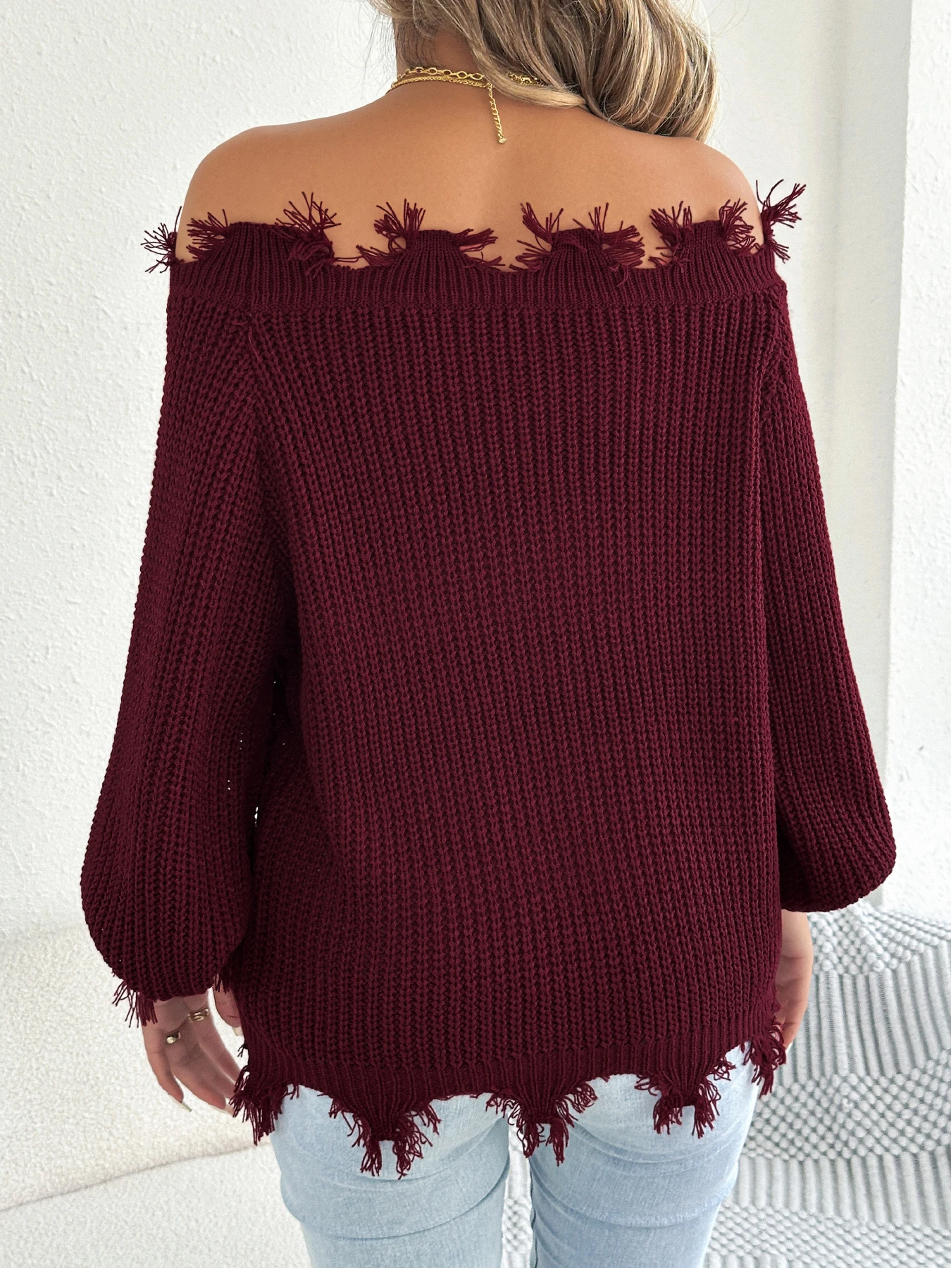 Autumn Winter Solid Color Off Shoulder Knitted Sweater