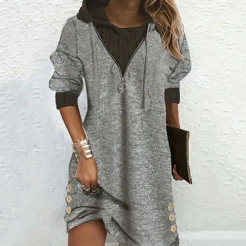 

Women Fall Spring Dress Hooded Patchwork Long Sleeve Drawstring Zipper Button Decor Color Matching Pullover Lady Dress