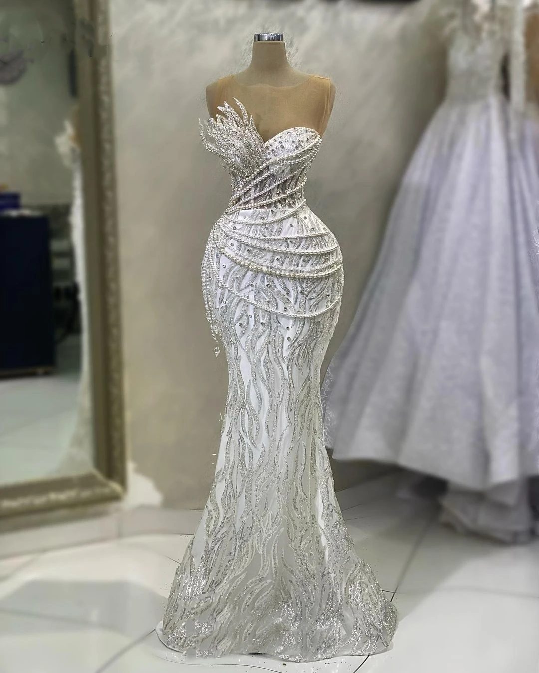 

Luxury Wedding Dress Pearls Sequins Crystal Mermaid Bridal Gowns Strapless Custom Made Vestido De Novia