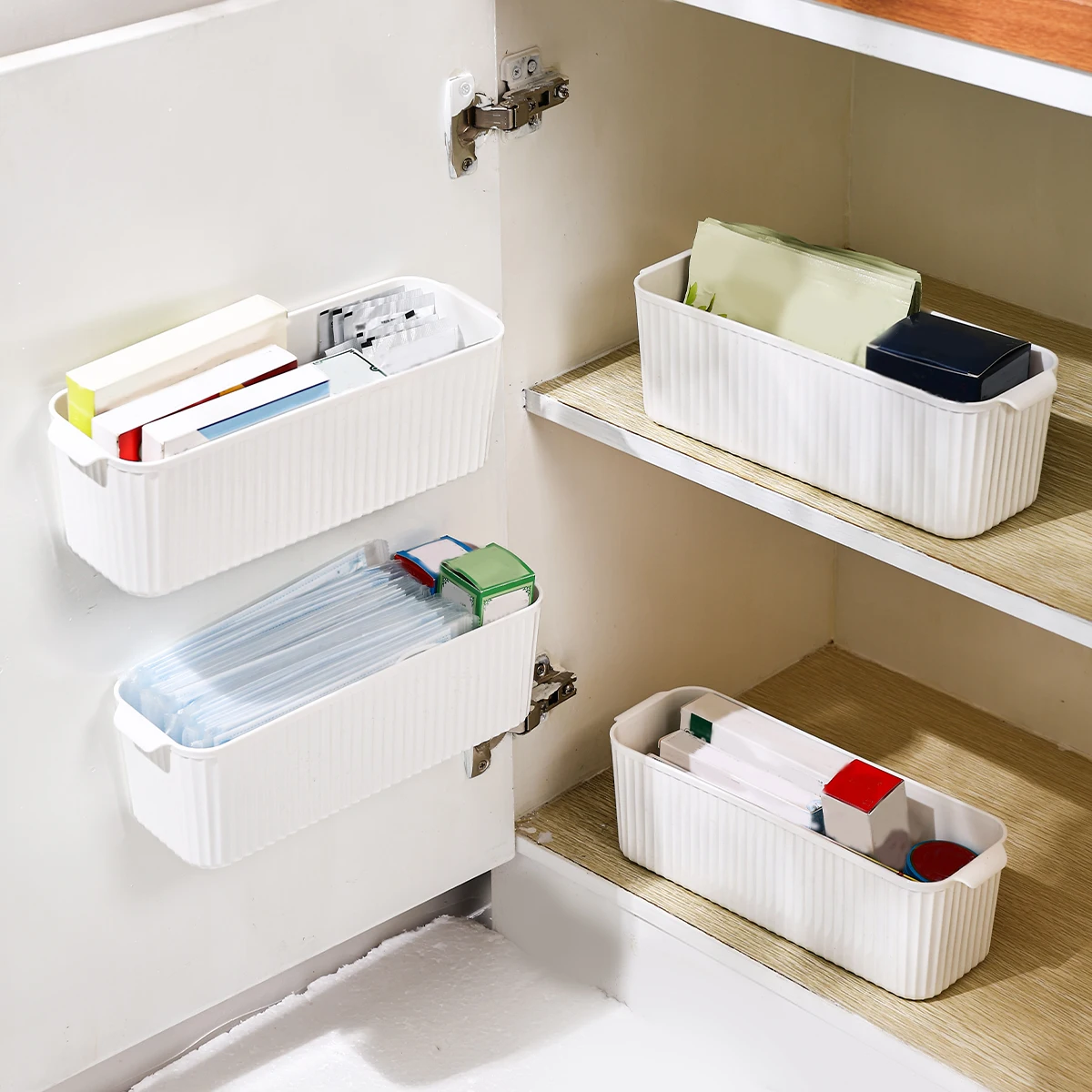 WORTHBUY Wall Mounted Medicine Storage Rack Cabinet Plastic Drug Organizer Shelf Desktop Stackable Medicine Storage Basket 3