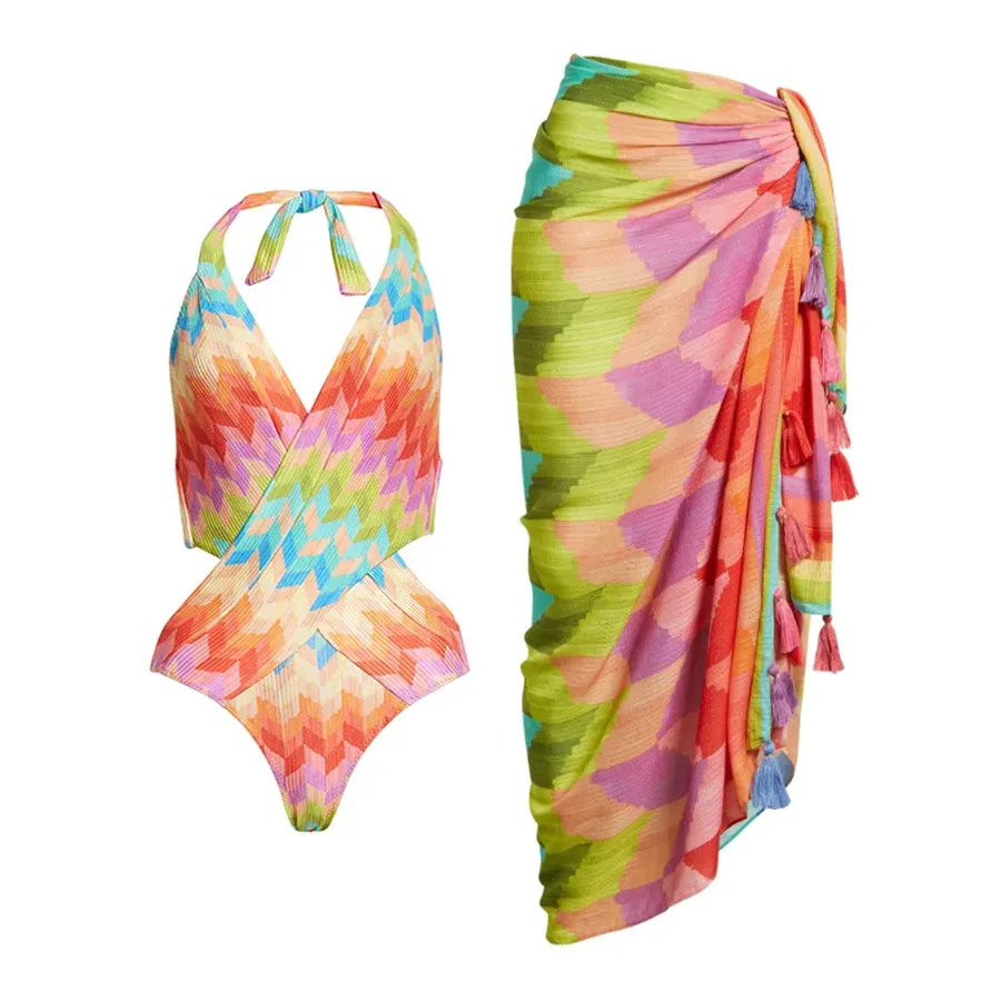 2023 New Summer Bikini Rainbow One-piece Swimsuit Women's Beach Suit Skirt Swimwear Cover Up Surf Wear Beachwear