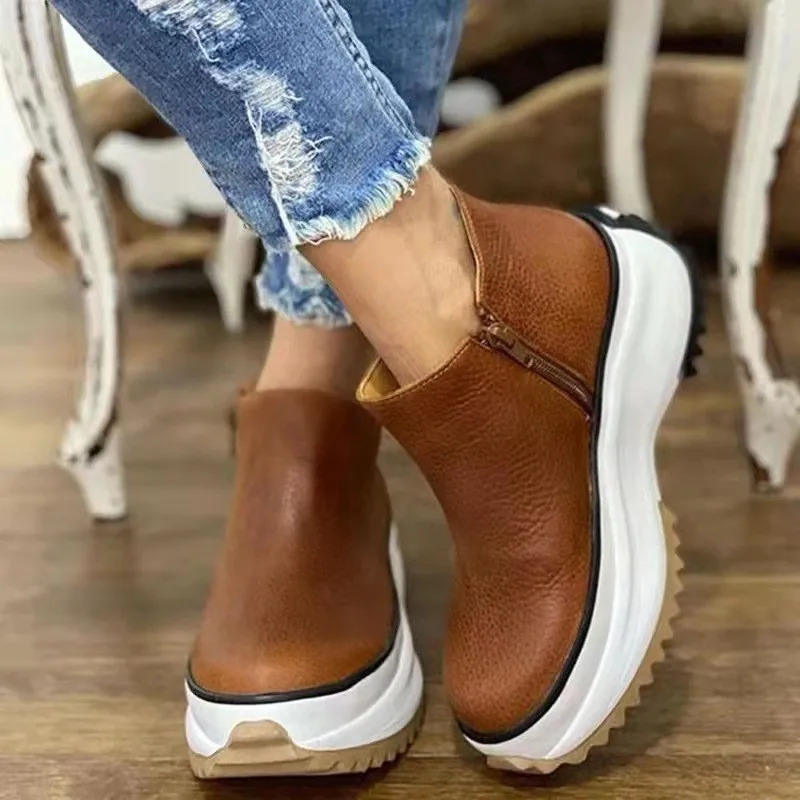

Spring and Autumn Fashion Women Vulcanized Shoes Plus Size Fashion Platform Work Shoes Women Round Toe Mid Heel Zipper Sneakers