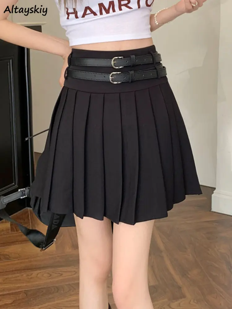 

Pleated Mini Skirts Women Sweet Belt Streetwear Summer Preppy Style Popular Casual Schoolgirls Daily All-match Simple Ins New
