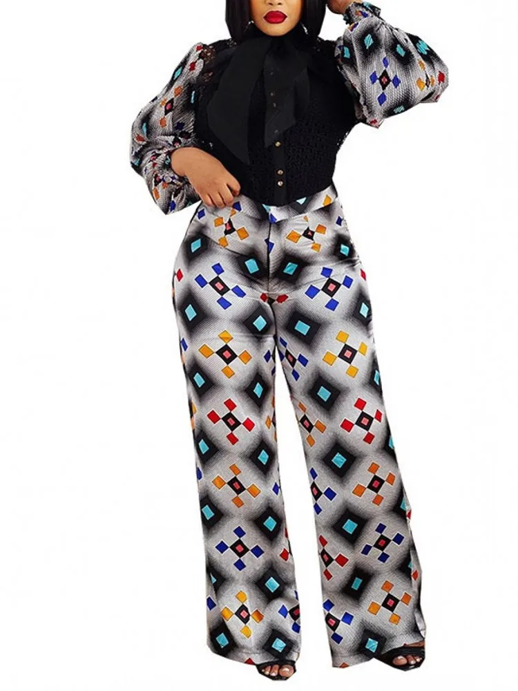 

African 2 Piece Sets Womens Elegant Outfits 2023 New Long Sleeve Top And Printed Pants Suit Two Piece Lady Party Matching Sets
