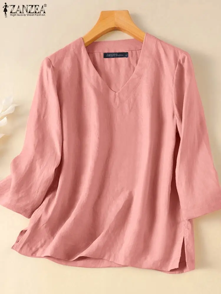 

ZANZEA Women Autumn Tops Elegant Solid Blouse Vintage Cotton Shirt Fashion V-Neck Long Sleeve Work Blusas Holiday Tunic Mujer