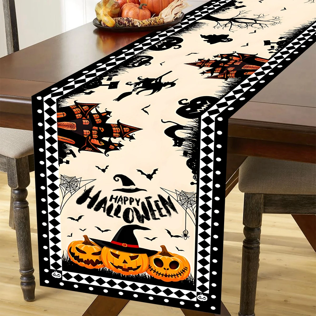 Mantel Corredor Otoño Y Halloween - Bordado En Marfil - Lino Creativo - Para Mesa Rectangular O Redonda