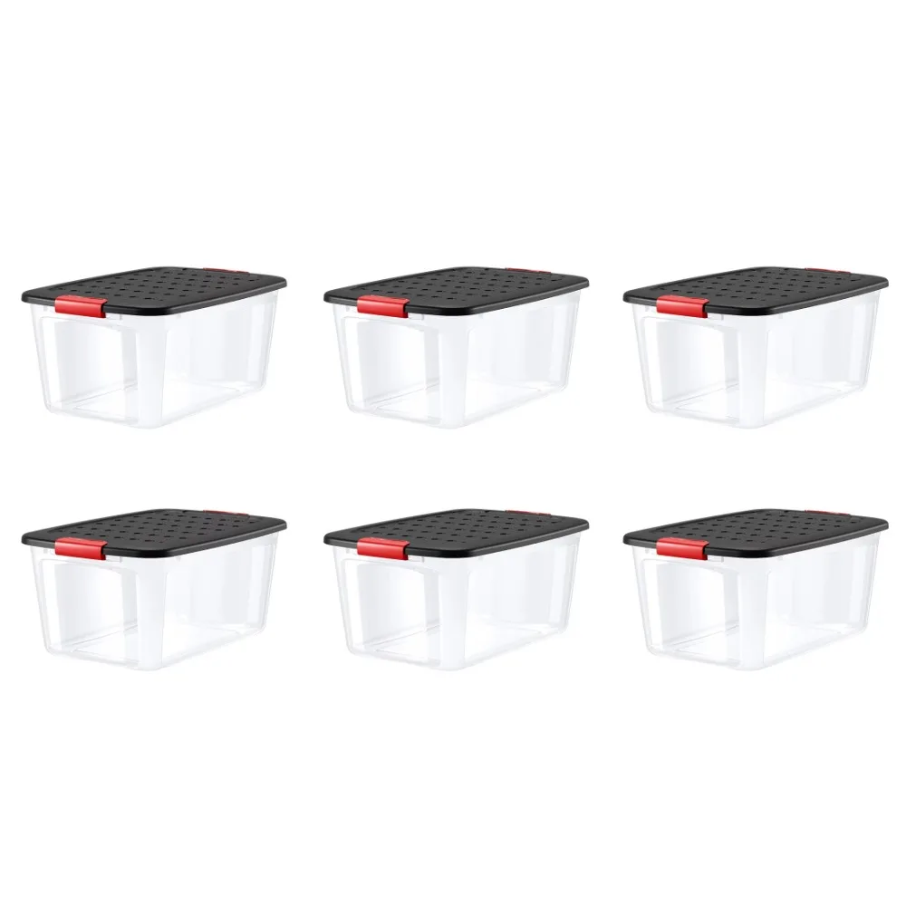 

Bella Storage 56 Quart Clear Plastic Red Latches Black Lid Tote Set of 6
