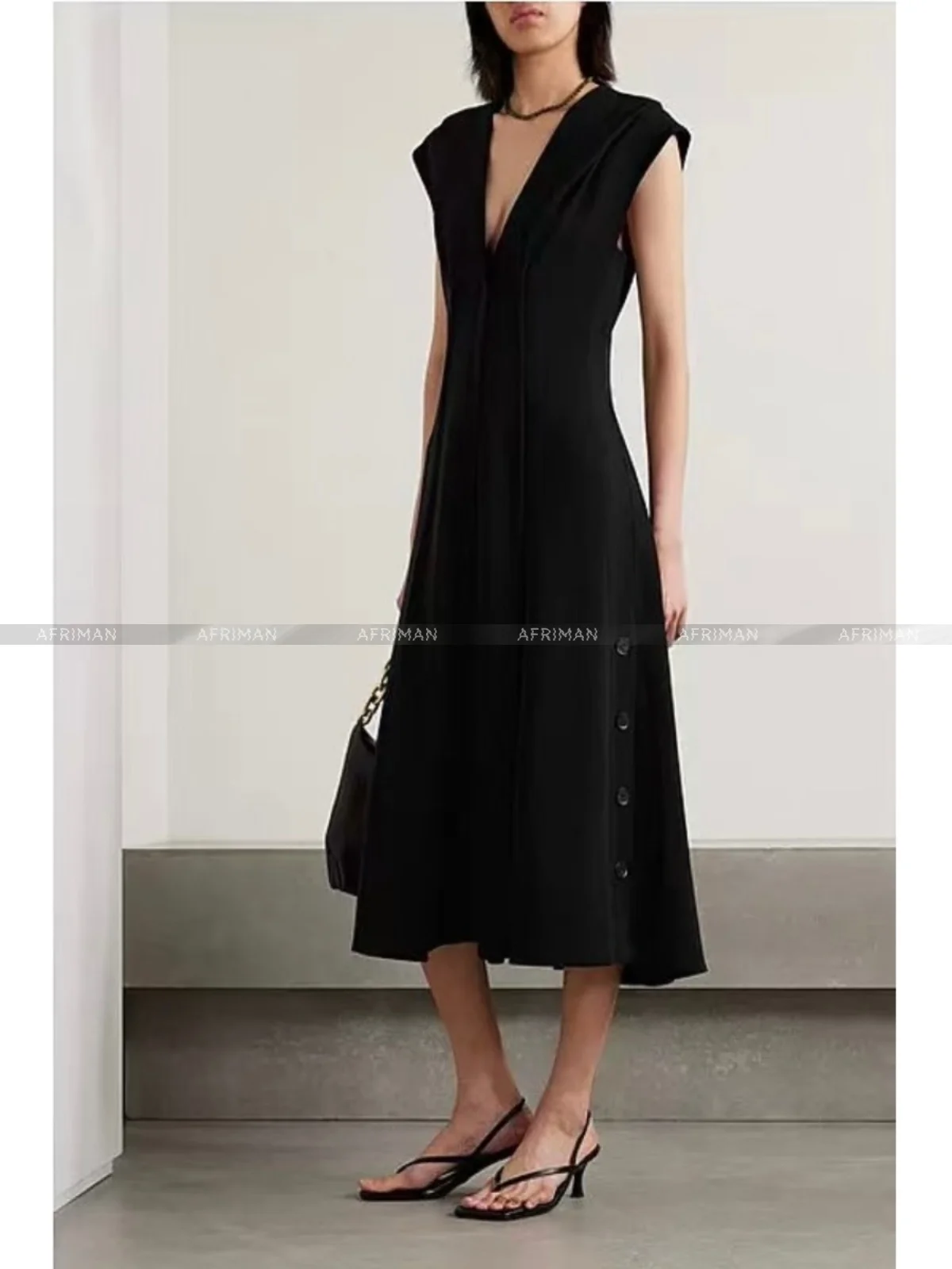 Liv Turn-down Collar Long Sleeves Crystal Buttons Sashes Office Lady Dress