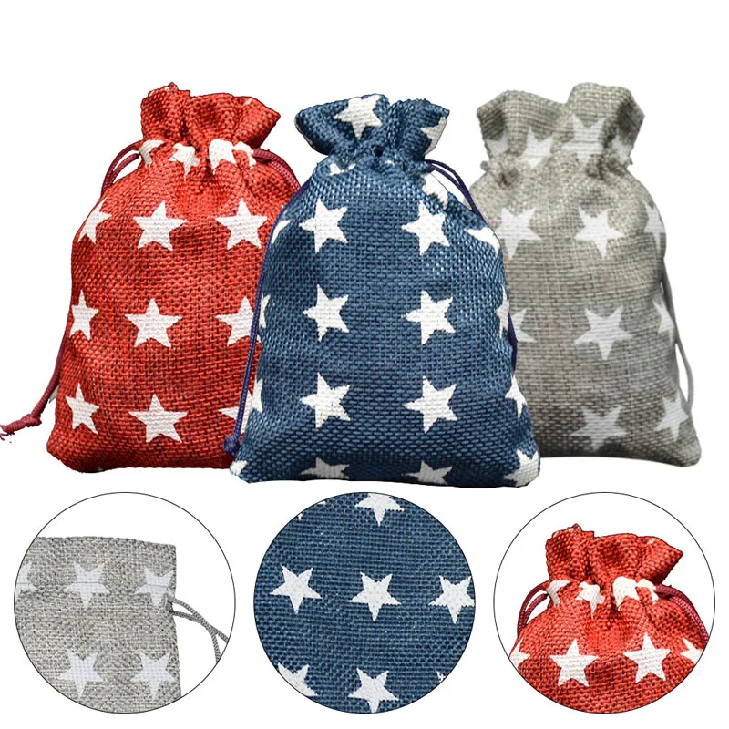 20pcs/lot 10x14, 13x18cm Printed Star Linen Drawstring Bag Travel Bags Jewelry Candy Birthday Party Gift Storage Pouch