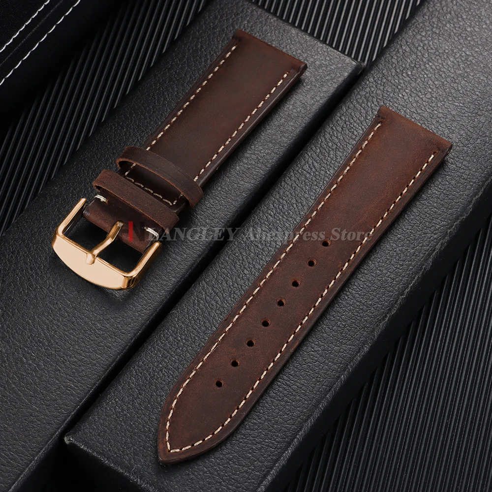 Vintage Dark Brown Cowhide Leather Watch Strap with Pins and Buckle - 20mm/22mm