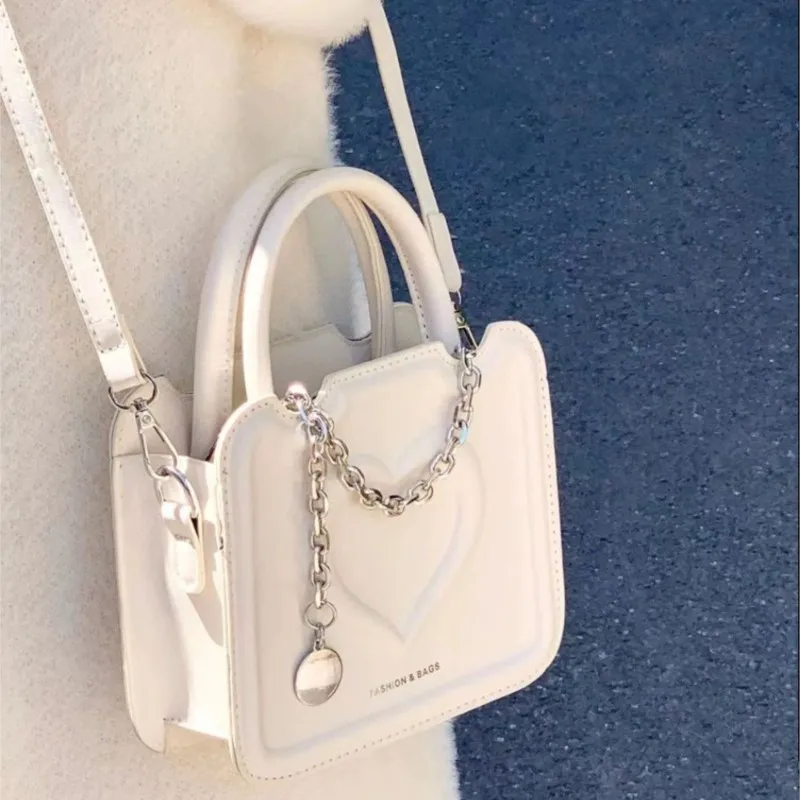 JIAERDI Sweet Cute White Handbag Women Heart Print Leather Square Shoulder Bags Ladies Chain Minimalist Commuter Crossbody Bag