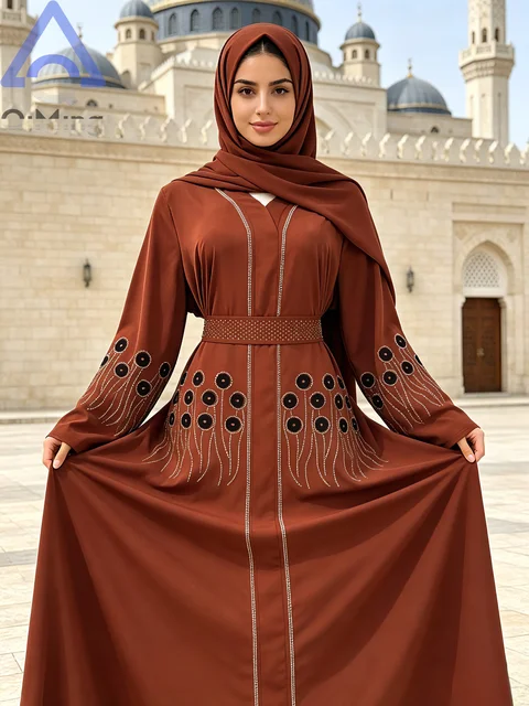 Abaya élégante ornée de strass, ensemble 3 pièces, tuniques de mariage pour femmes musulmanes, caftan marron de Dubaï, robe marocaine, robe de l'Aïd, caftan algérien 1